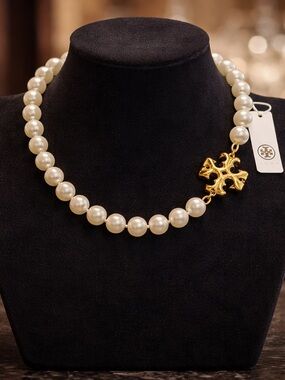 Tory Burch Ivory Pearl Necklace with Gold Logo Charm